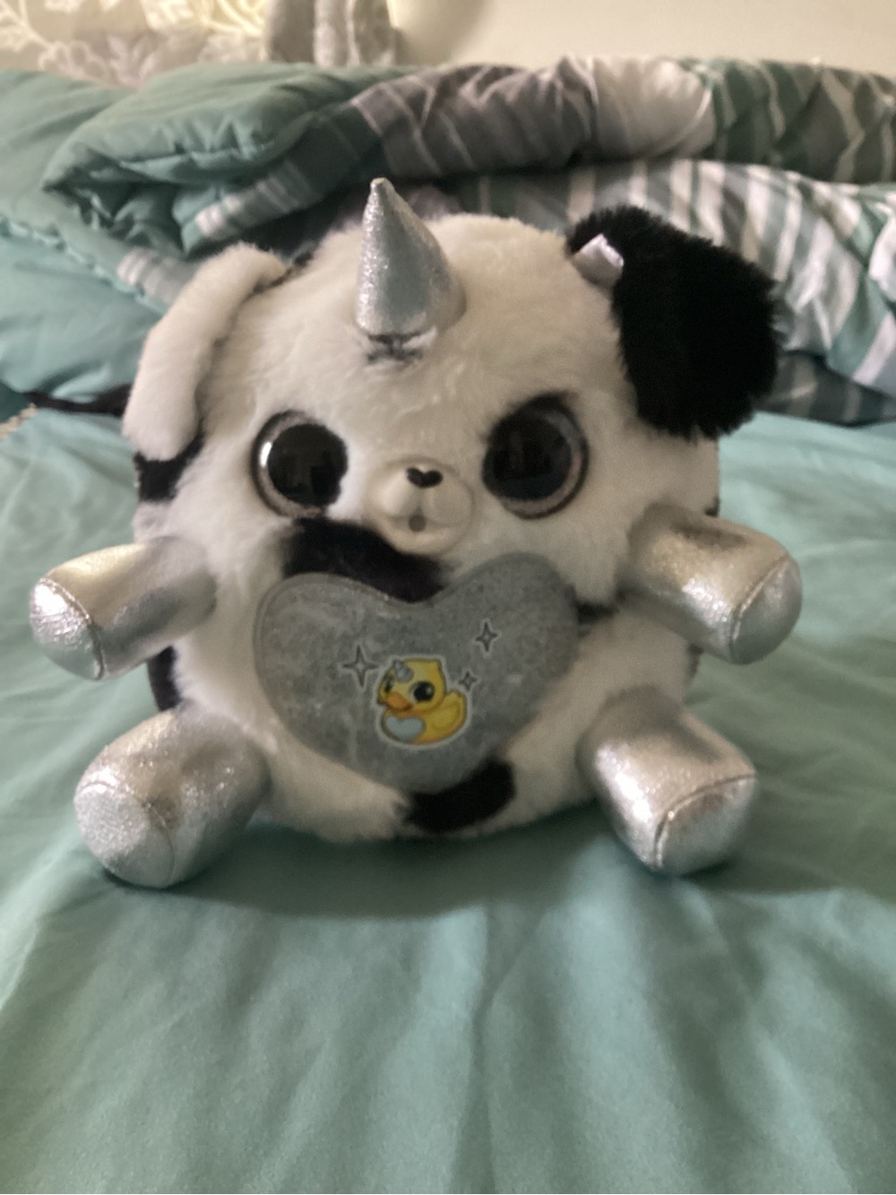 Plush Unicorn Puppy Heart Toy - White & Black with Silver Accents